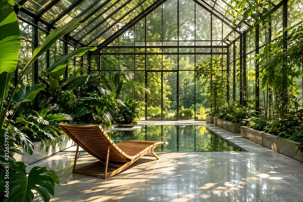 Fototapeta premium Luxury Crystal Greenhouse with Reflecting Pool Interior