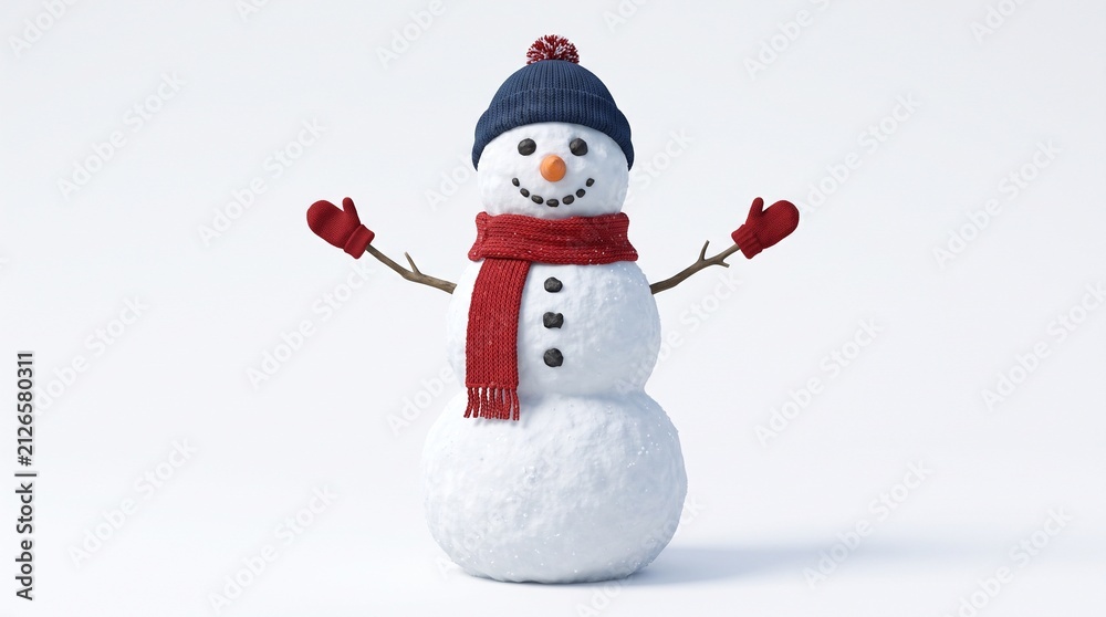 Fototapeta premium Cute Snowman Wearing A Blue Hat And Red Scarf With Red Mittens On White Background
