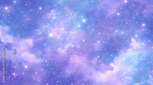 ディープブルーからパステルパープルへ滲む幻想的な天の川と瞬く星々を描いた水彩風宇宙背景素材