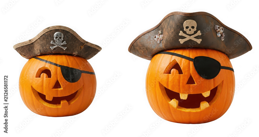 Naklejka premium Two carved halloween pumpkins wearing pirate hats and eye patches isolated on transparent background
