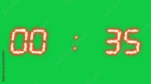 Glowing fire countdown timer from forty to zero seconds. Burning numbers ticking down. Red hot blazing digits, time passing.