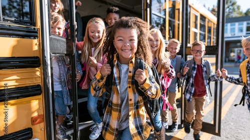 Cheerful First Grade Children Step off School Bus With Joyful Expressions and Backpacks After a School Day