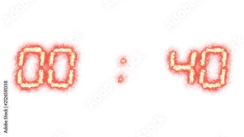 Glowing fiery countdown timer to zero. Burning numbers ticking clock, time measurement, energy digits, stopwatch, flaming text, heat effect, plasma font.