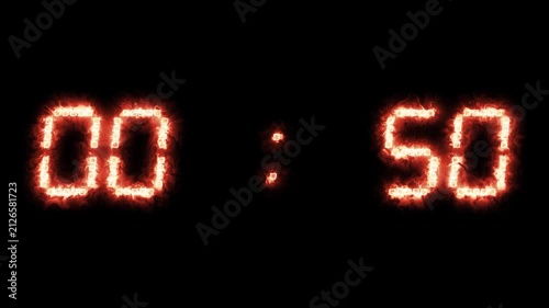 Flaming countdown timer, burning numbers clock. Fiery digits, glowing minute counter, fire numerals, deadline, seconds running out to zero.
