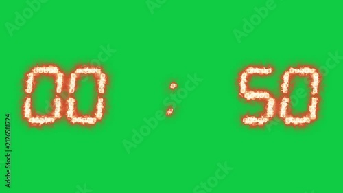 Glowing fiery countdown timer from fifty five seconds to zero. Minute clock animation with burning sparks, glowing numbers, time passing symbol, glowing numerals.