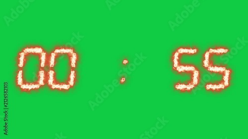 One minute countdown timer sequence. Glowing fiery text counting down to zero. Neon fire numbers, interface display clock, time passing visual.