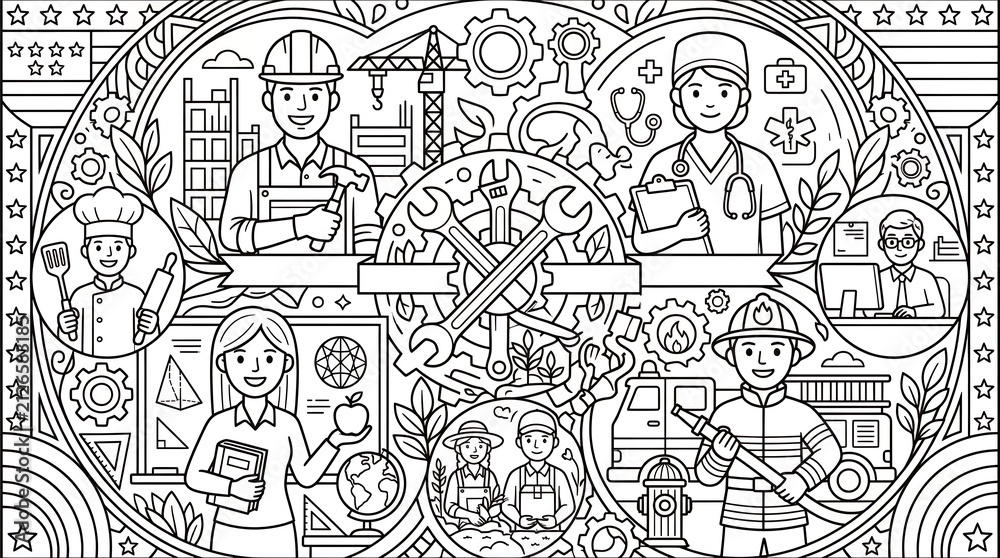 Fototapeta premium Industrial emblem coloring page featuring worker portraits and mechanical elements.