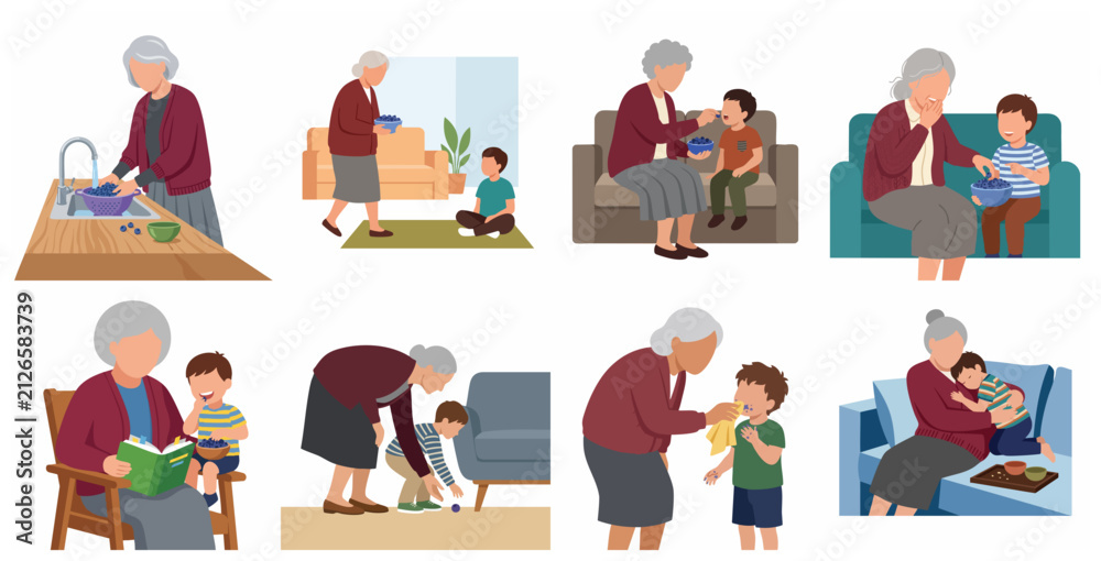 Fototapeta premium Grandmother and Grandson Bonding Activities and Healthy Snacks Illustration Set