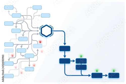 Workflow simplification after an orchestration decision with complex branching process transformed into a cleaner operational route and presentation copy space