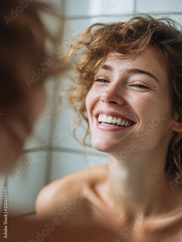 person standing in front of a bathroom mirror with calm face, but reflection shows them laughing with wide smile