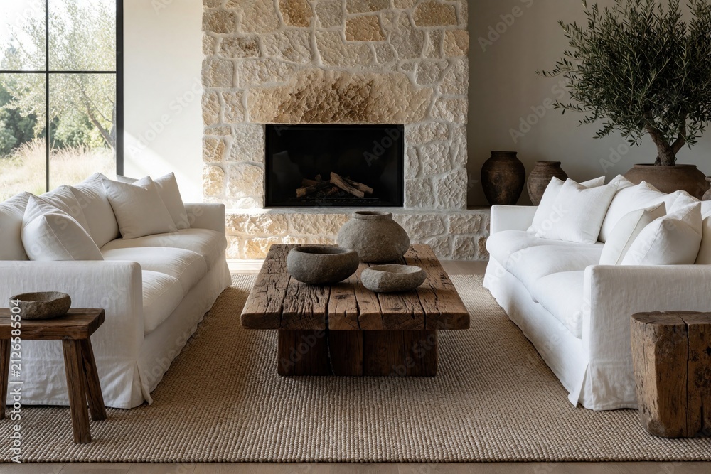 Obraz premium Modern living room features white fabric sofas, rustic wooden coffee table. Large stone fireplace stands against neutral wall. Natural light enters through window. Minimalist decor includes clay