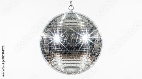 Silver disco ball hanging suspended against isolated white background with bright starburst light reflections with hanging metal chain entertainment