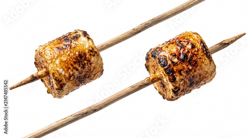 Delicious toasted marshmallows on wooden skewers isolated on white background with perfectly roasted marshmallows sticks isolated two perfectly