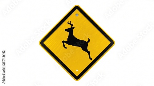 Yellow road warning sign with black deer silhouette symbol on white background with displays yellow diamond