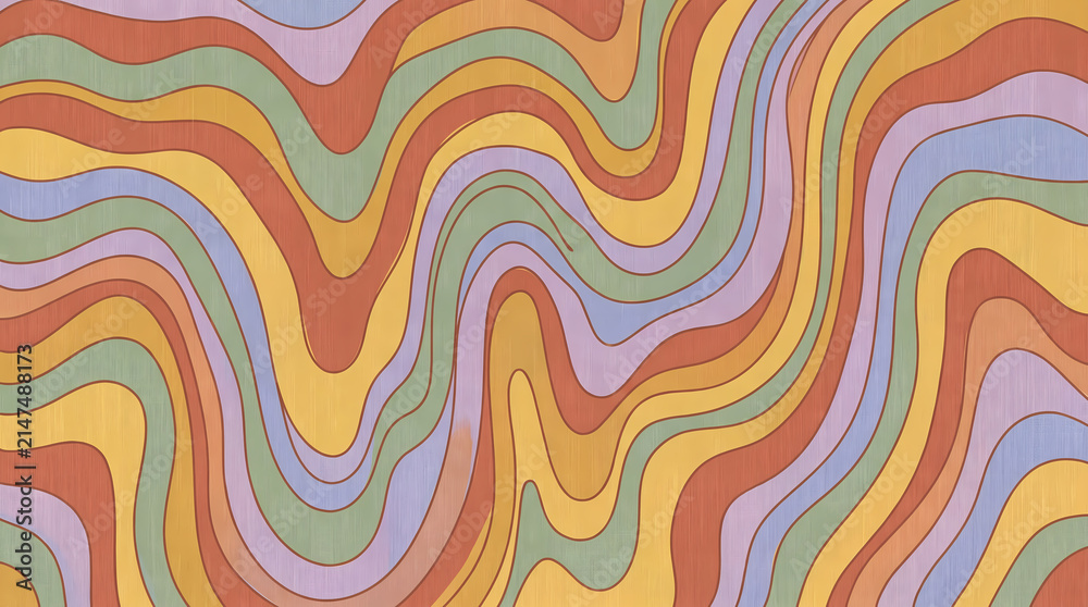 Retro psychedelic wavy pattern background with 1970s style pastel colors.