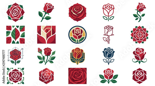 Assorted red rose icons in various graphic styles.