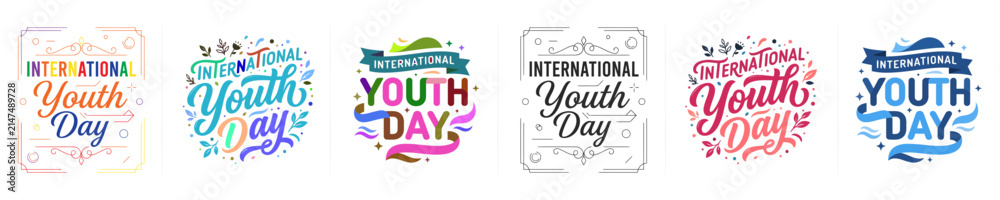 Fototapeta premium Set of colorful hand drawn typography designs for international youth day celebration with various artistic styles