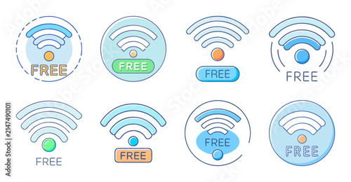 Wi-fi signal strength icons with different levels - Set of colorful Wi-Fi signal icons showing strong, medium, and weak connection levels in a clean design style.