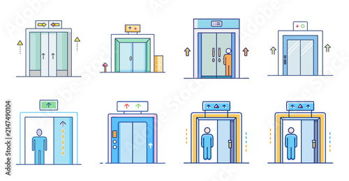 Elevator door opening and closing sequence illustration - Animated vector sequence showing elevator doors opening and closing with a person inside and outside.
