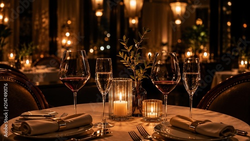 Elegant restaurant table setting with wine glasses and candlelight