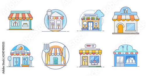 Colorful row of small house icons - Set of cheerful, flat-style house icons in a simple row with varied colors and designs.