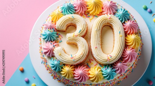 Colorful birthday cake with number 30 frosting on bright background. Festive dessert decorated with pastel swirls, sprinkles. Perfect for thirtieth birthday celebration anniversary party. Sweet food