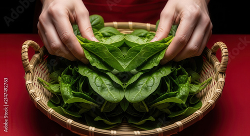 Fresh Green Spinach Leaves Held In A Wicker Basket Against A Red Background