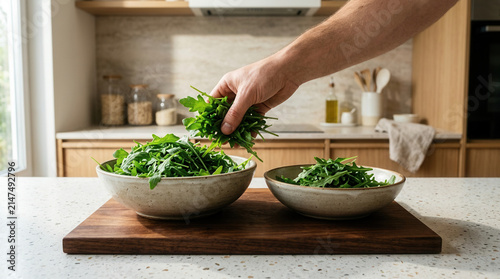 Fresh Greens Being Added To A Bowl For A Healthy Meal Preparation
