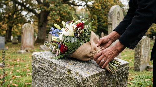 Floral Tribute at Gravestone: Hands gently place a vibrant bouquet of lilies and roses on a weathered gravestone in a serene cemetery, symbolizing remembrance and love.