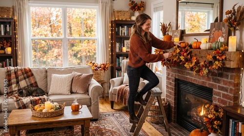 Cozy Autumn Hearth: A woman decorates her living room with autumnal flair, adding a festive garland to a fireplace adorned with pumpkins and seasonal accents, creating a warm and inviting atmosphere.