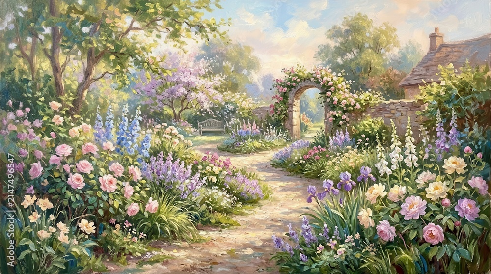 Obraz premium Enchanting garden path lined with roses and delphiniums under sunlight