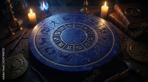 Ancient zodiac wheel engraved on blue stone with astrological symbols and candles