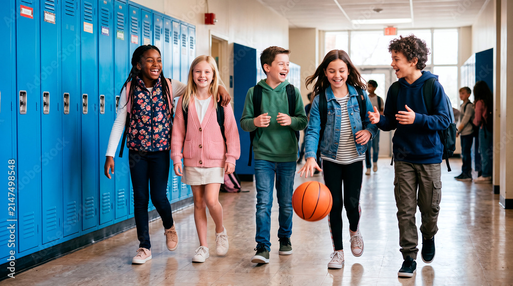 Fototapeta premium Diverse group of happy elementary school children walking down a bright hallway with lockers