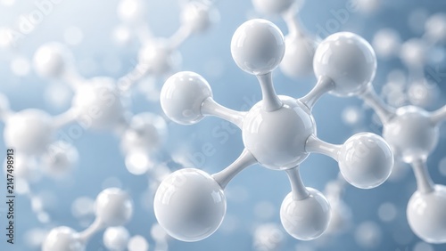 Abstract molecular structure with white spheres and connecting rods on a blue background
