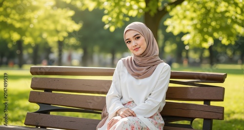 beautiful young muslim woman in hijab on bench in summer
