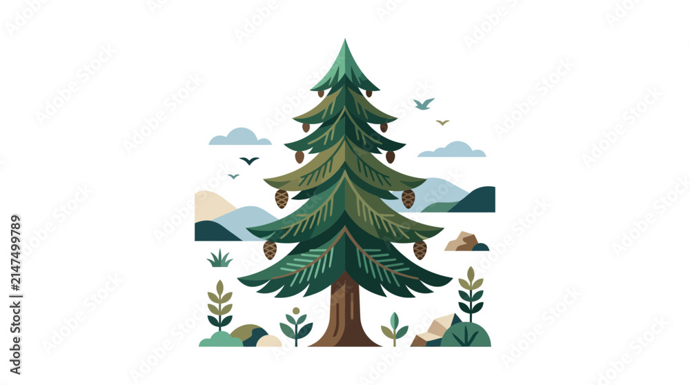 Obraz premium Evergreen pine tree with mountains and bird accents.
