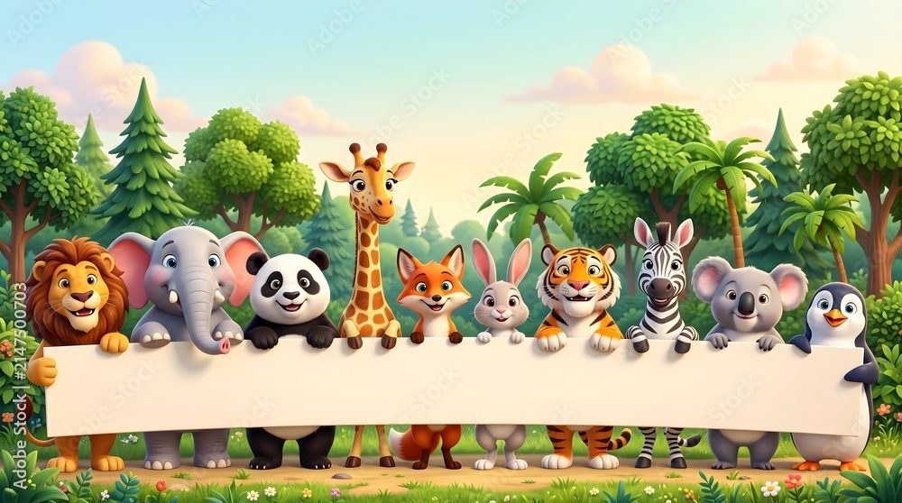 Fototapeta premium Cute cartoon wild animals holding a blank banner in a lush forest, colorful 3D illustration with copy space for children, education, and creative projects. Created with generative AI.