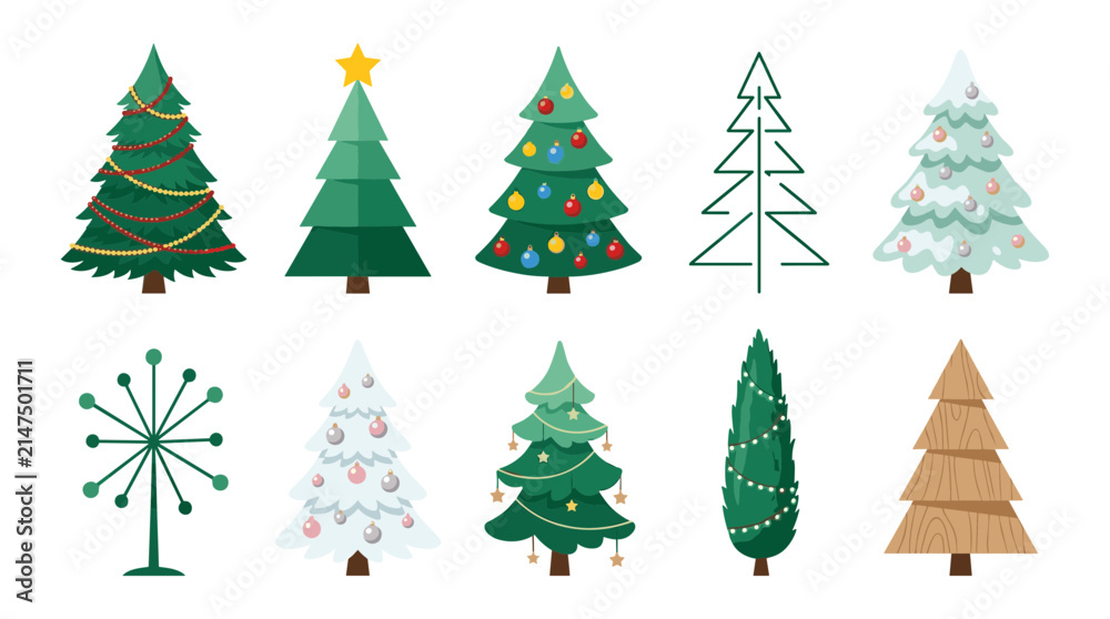 Obraz premium Christmas Trees in Various Festive Styles and Decorations for Holiday Illustrations and Designs Featuring Ornaments, Lights