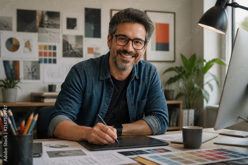 Obraz premium Man sketching on tablet at creative office workspace with sketches