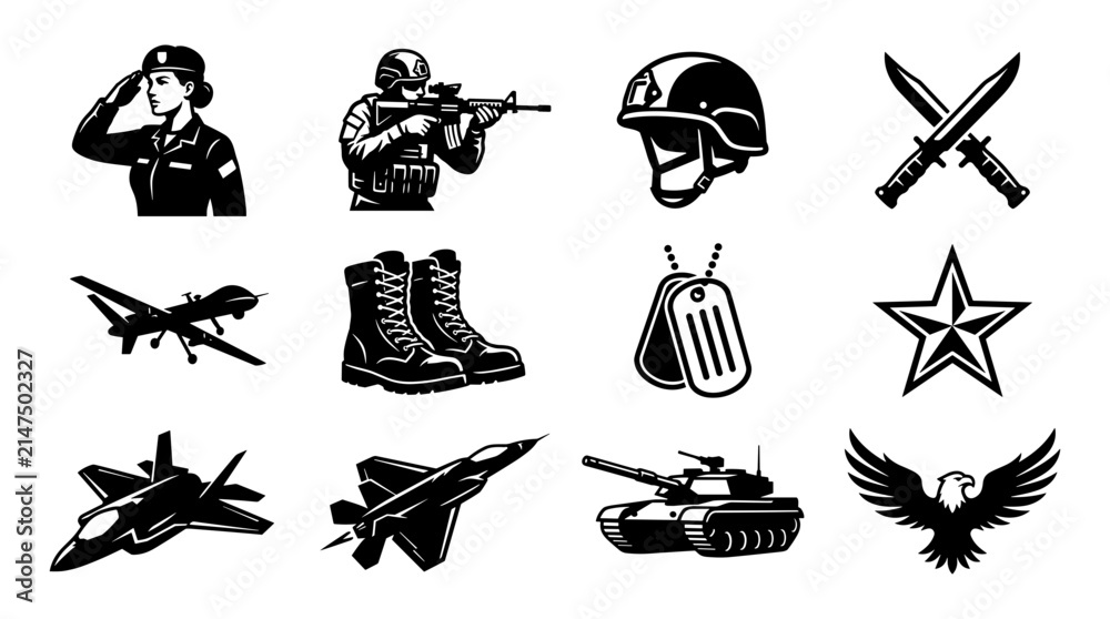 Fototapeta premium Military Icons Set Featuring Soldiers, Weapons, Vehicles, Aircraft, and Symbols in Flat Vector Design Style