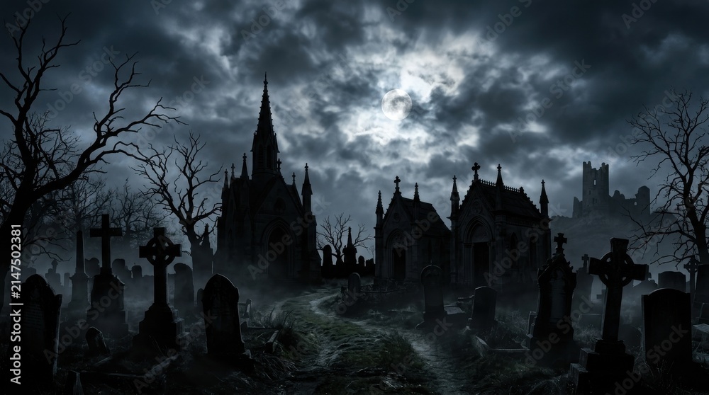 Obraz premium Eerie full moon illuminates a gothic cemetery with ancient tombs and bare trees