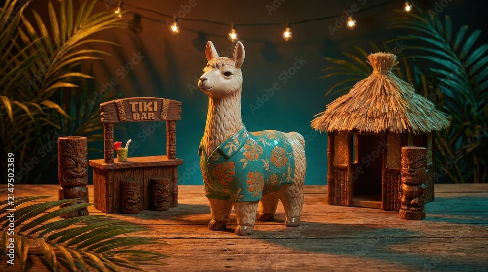 Naklejka premium Llama in Hawaiian shirt at a tiki bar with tropical decor