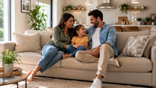 Happy family enjoying quality time together on a comfortable sofa in their modern home
