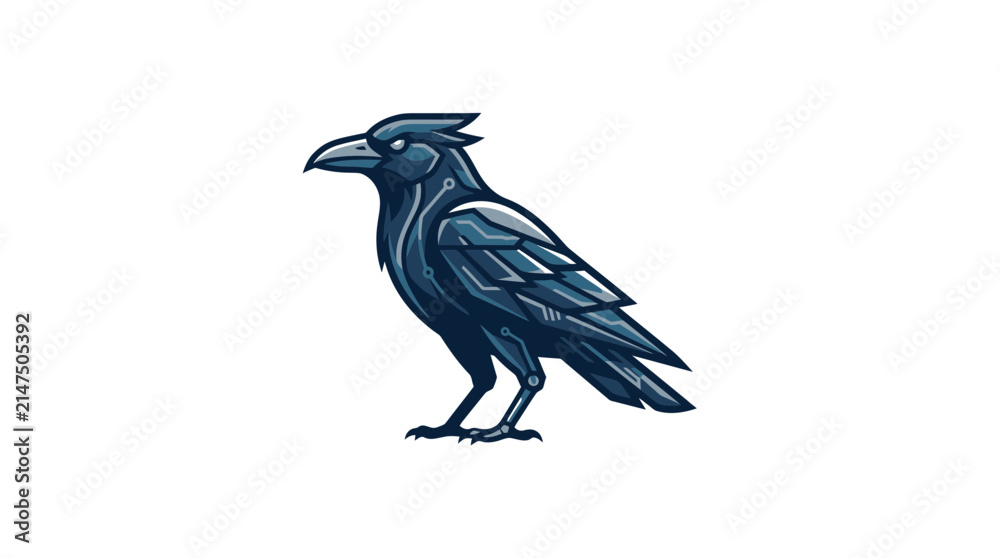 Fototapeta premium Dark blue raven bird standing in profile view.