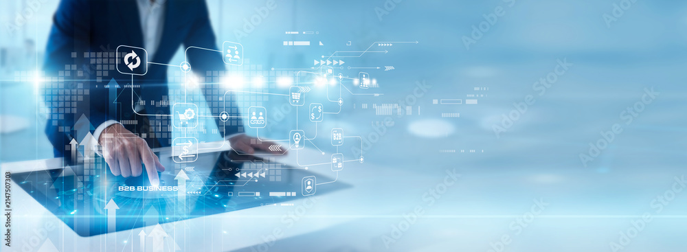 Naklejka premium Corporate manager touch screen managing B2B Business platform, company partnership network, global trade collaboration system and digital supply communication. Business growth and market expansion.