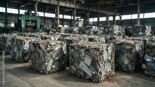 Compressed metal cubes stacked neatly inside a vast industrial recycling factory featuring rusted textures and metallic tones captured from a low angle for great depth
