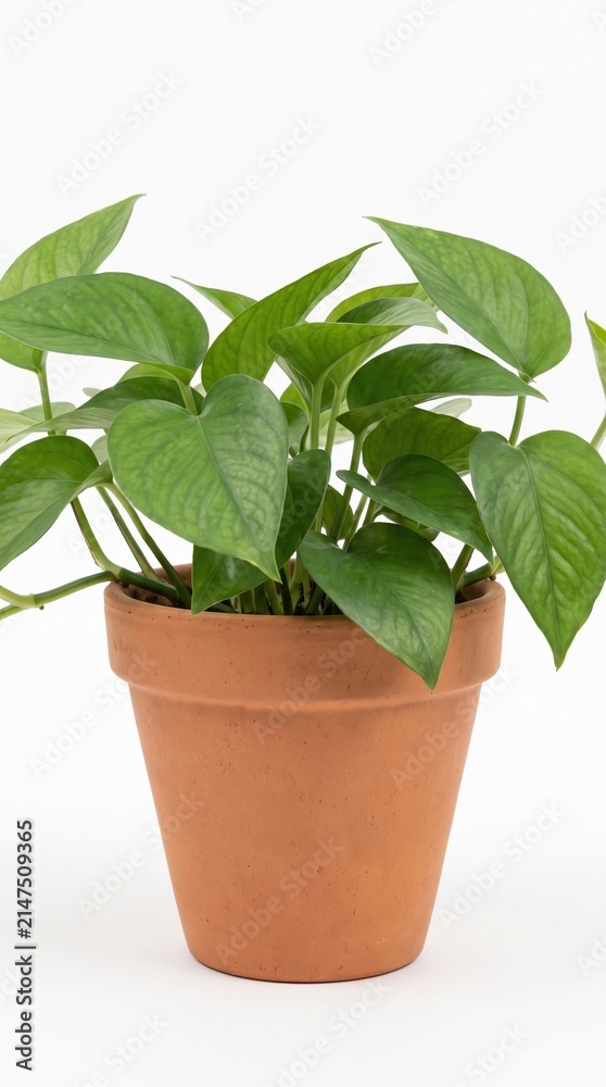 Fototapeta premium Green pothos plant sits in terracotta pot against white background. Scene evokes peace and mindfulness. Perfect for wellness and home decor content.
