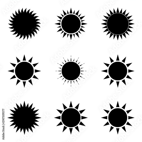 Black sunburst icons set with circular patterns and rays.