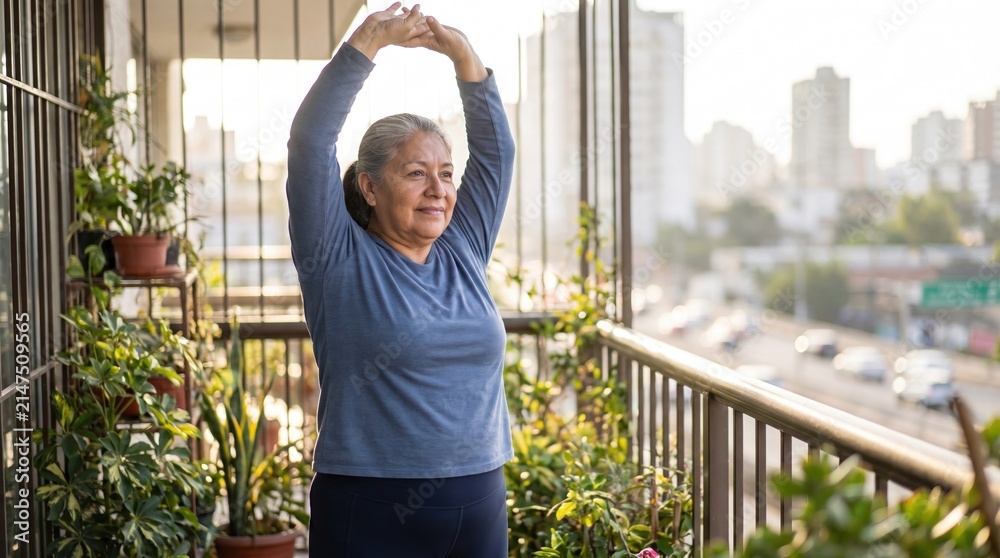 Fototapeta premium An elderly woman stretches her arms over her head on a city balcony with green plants. Warm morning light creates a peaceful wellness ritual. Ideal for mental health and aging well content.
