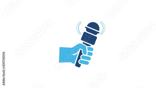 Podcast Microphone Interview video icon. Hand Holding Broadcast Mic with Sound Waves for Media Press Broadcasting and Audio Recording UI Motion Graphics Template